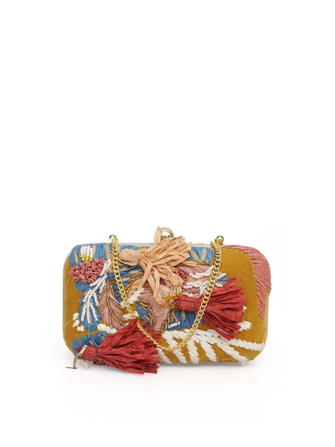 

Diwaah Mustard & Red Embellished Tasselled Box Clutch