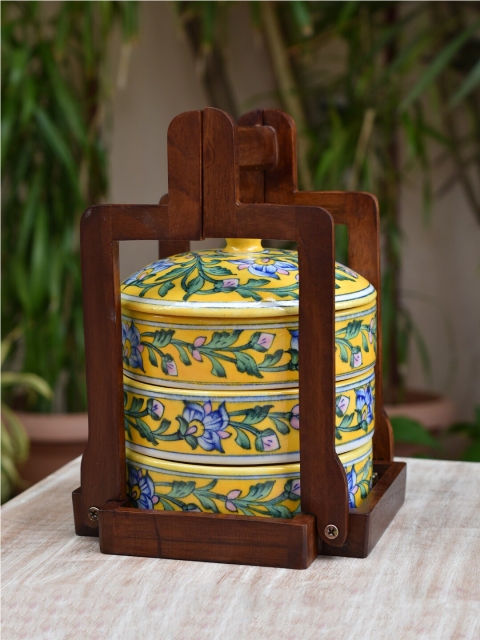 

Neerja Yellow & Green Printed Pottery Tiffin Set with Wooden Stand