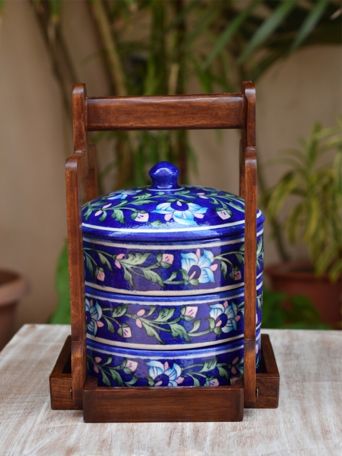 

Neerja Blue & Green Printed Pottery Tiffin Set with Wooden Stand