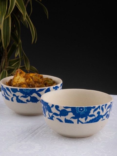 

Neerja 2 Pieces White & Blue Floral Printed Stoneware Matte Bowls