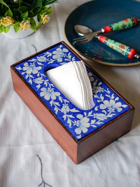 

Neerja Blue & Brown Printed Wooden Napkin Holder with Pottery Tile