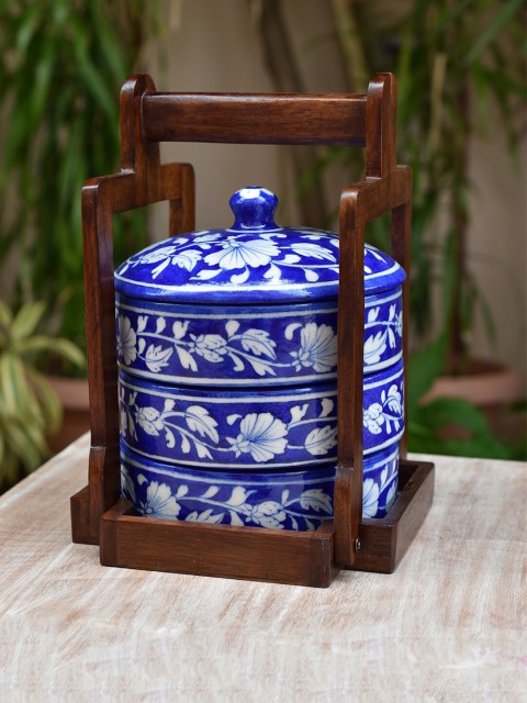 

Neerja Unisex Blue & White Printed Pottery Tiffin Set with Wooden Stand