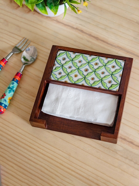 

Neerja White & Brown Printed Wooden Napkin Holder with Pottery Tile