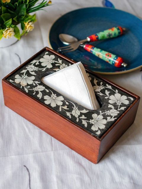

Neerja Black & Brown Printed Wooden Napkin Holder with Pottery Tile
