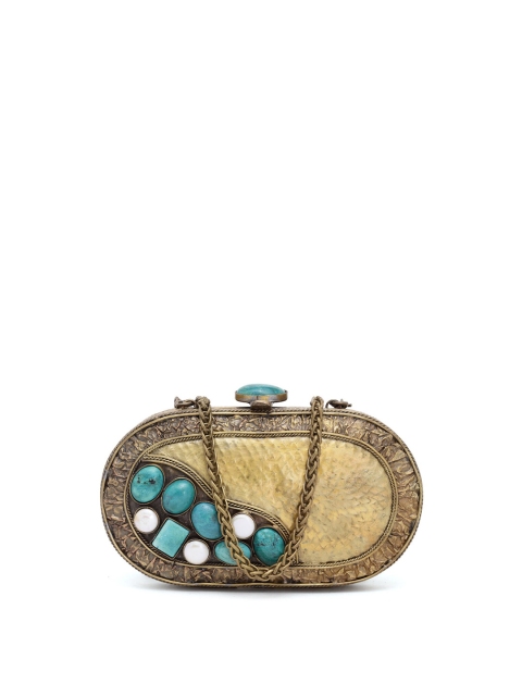 

PRACCESSORII Turquoise Blue & Gold-Toned Embellished Box Clutch