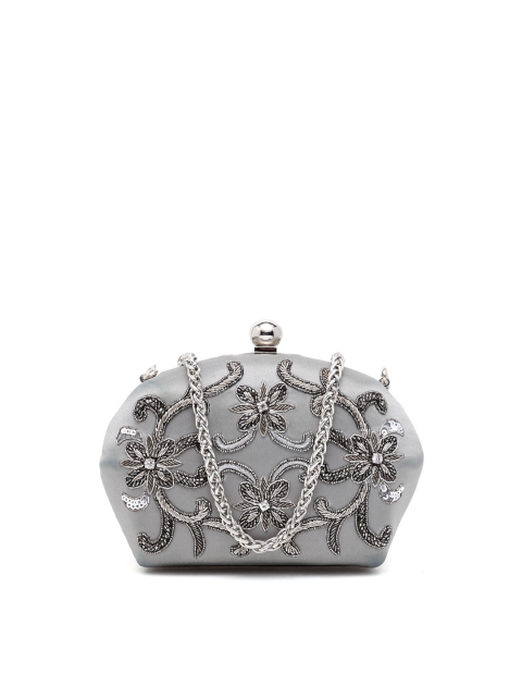 

PRACCESSORII Silver-Toned & Grey Embellished Half Moon Clutch