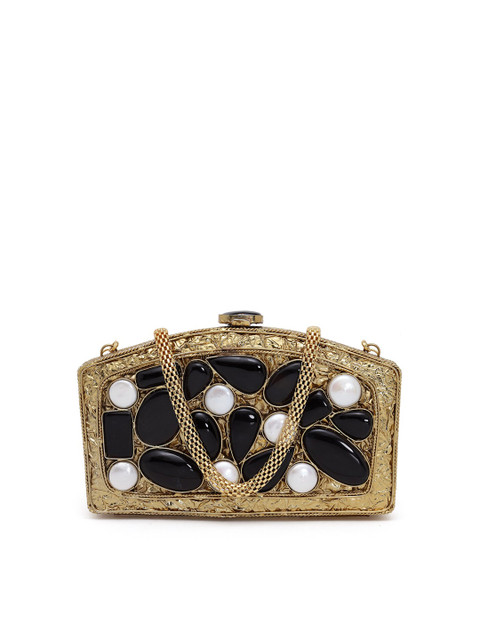 

PRACCESSORII Women Black & Gold-Toned Embellished Box Clutch