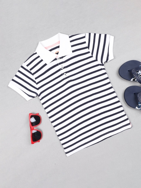 

ZION Boys White & Navy Blue Striped Polo Collar T-shirt