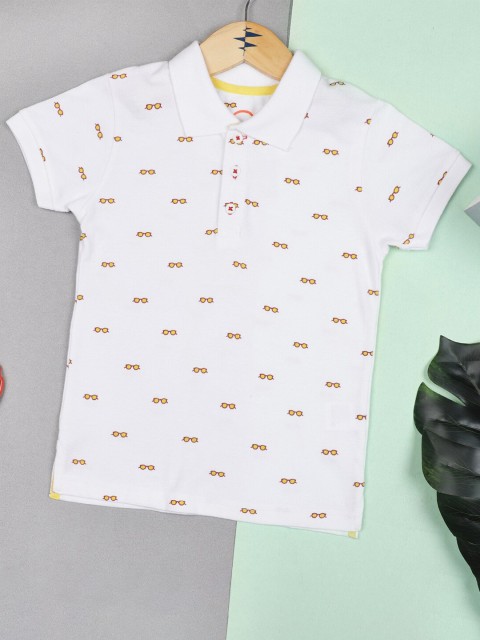 

ZION Boys White & Yellow Printed Polo Collar T-shirt
