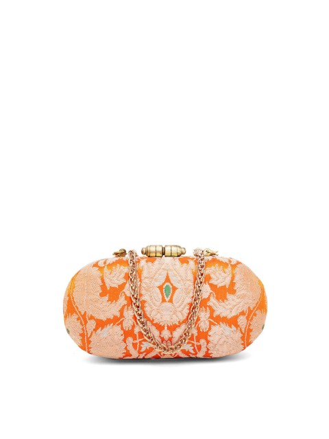 

PRACCESSORII Women Orange & Gold Textured Embellished Box Clutch