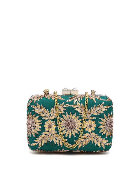 

PRACCESSORII Green & Gold-Toned Embellished Box Clutch