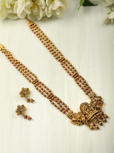 

Priyaasi Gold-Plated Magenta Pink Beaded Handcrafted Temple Jewellery Set