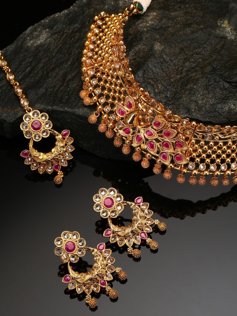 

Priyaasi Gold-Plated Pink Ruby Studded Handcrafted Jewellery Set With Mangtika