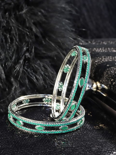 

Priyaasi Set Of 2 Silver-Plated & Green Emerald-Studded Handcrafted Bangles, Cream