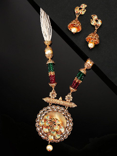 

Priyaasi Gold-Plated Off-White & Green Stone-Studded Beaded Jewellery Set