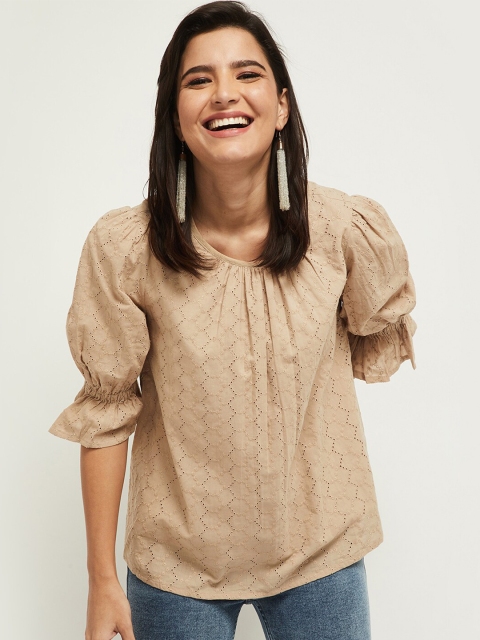 

max Women Beige Self Design Puff Sleeve Regular Top