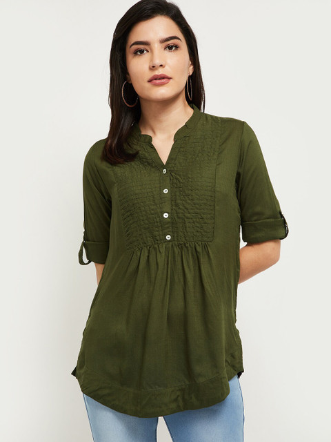 

max Women Green Mandarin Collar Roll-Up Sleeves Shirt Style Top
