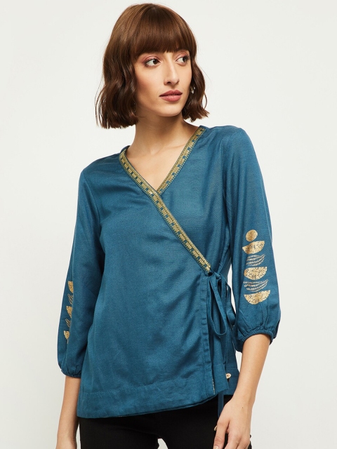 

max Women Blue Embellished Wrap Top
