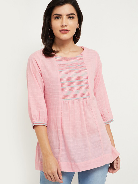 

max Women Pink Striped A-Line Pure Cotton Top
