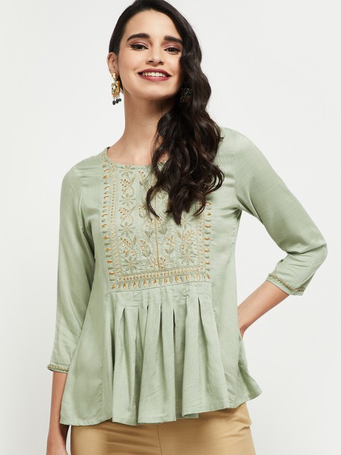 

max Women Green Embroidered A-Line Top