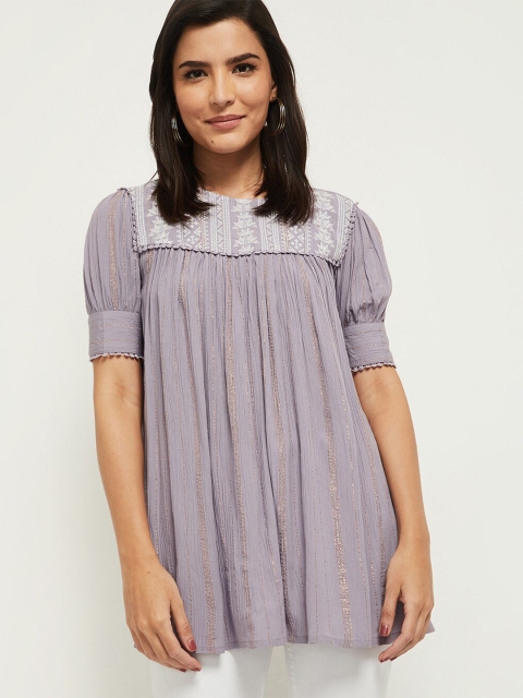

max Women Purple Embroidered Puff Sleeve Top