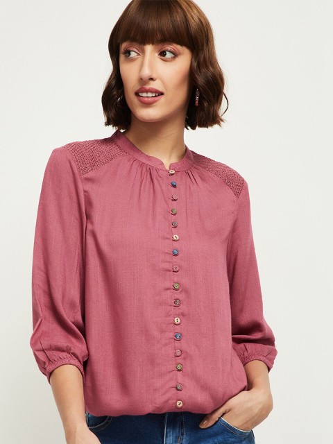 

max Women Pink Mandarin Collar Puff Sleeve Shirt Style Top