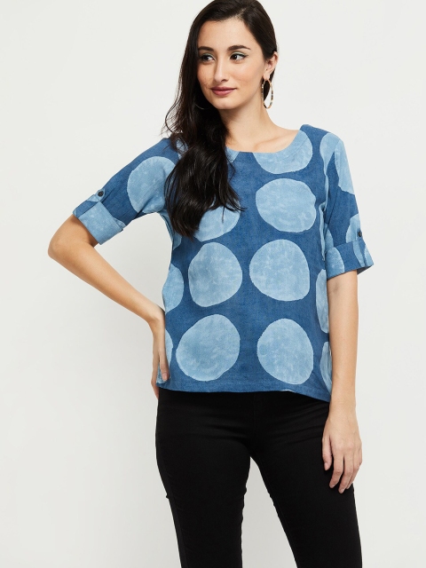 

max Women Blue Geometric Roll-Up Sleeves Regular Top