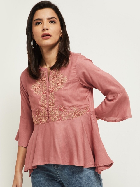 

max Women Pink Floral Embroidered Bell Sleeve A-Line Top