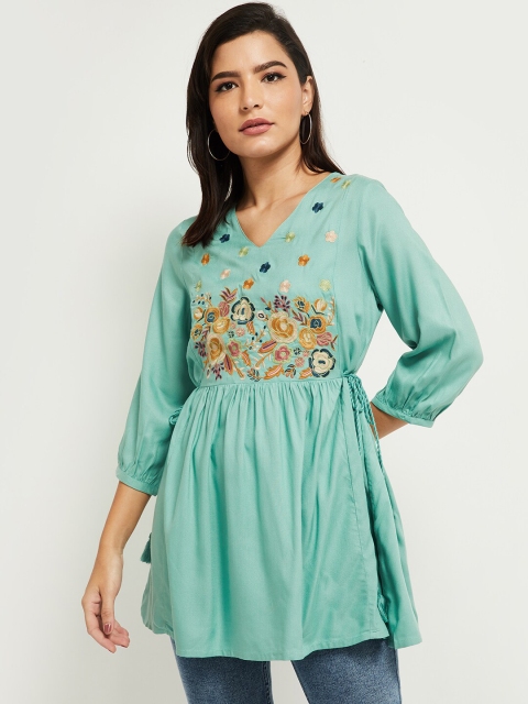 

max Women Green Floral Embroidered Longline Top