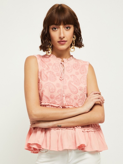 

max Women Pink Paisley Embroidered Peplum Top