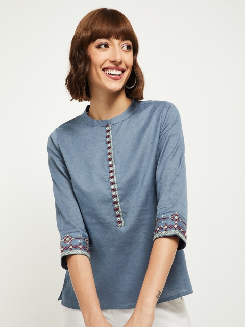 

max Women Blue Embroidered Mandarin Collar Regular Top