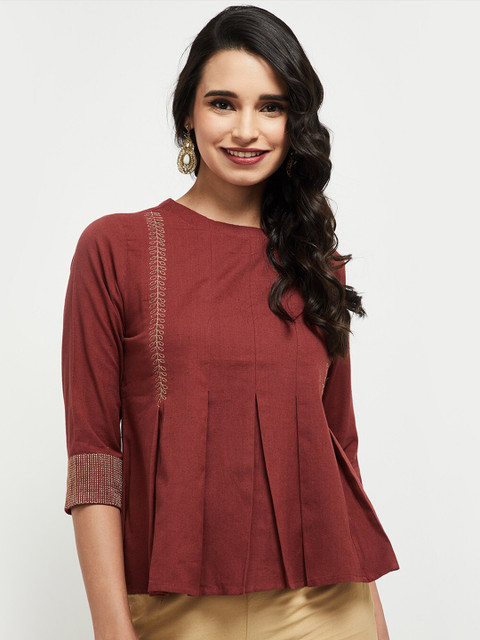 

max Women Rust Pleated Embroidered A-Line Top