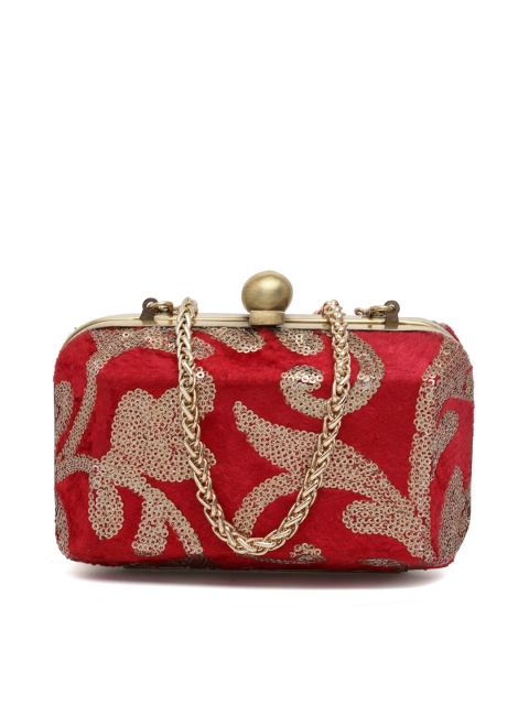 

PRACCESSORII Red & Gold-Toned Embellished Box Clutch