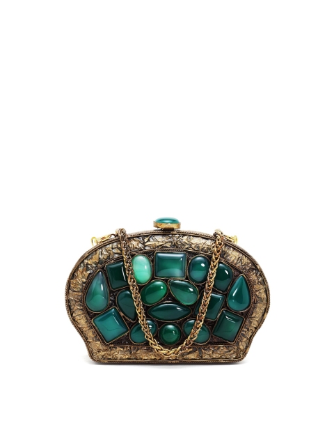 

PRACCESSORII Green & Black Embellished Box Clutch