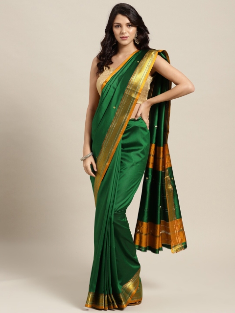 

Mitera Green & Orange Ethnic Motifs Zari Saree