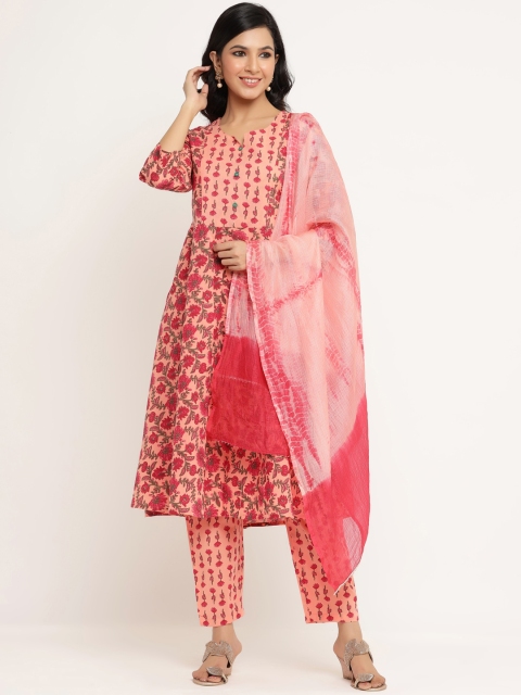 

ANAISA Women Peach-Coloured Printed Pure Cotton Kurta with Trousers & With Dupatta
