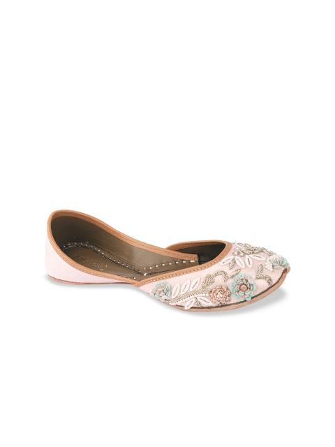 

Coral Haze Women Peach-Coloured Embellished Leather Ethnic Mojaris Flats