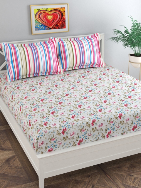 

Florida White & Pink Floral 180 TC King Bedsheet with 2 Pillow Covers
