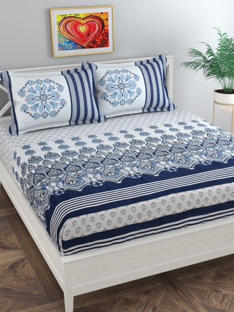 

Florida White & Blue Ethnic Motifs 180 TC King Bedsheet with 2 Pillow Covers