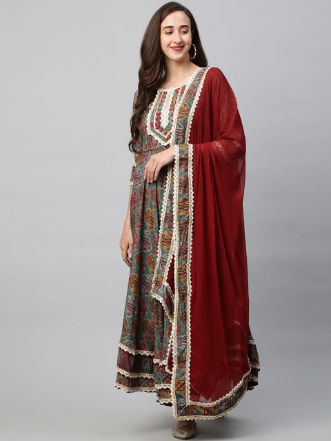 

FASHOR Women Sea Green Yoke Design Regular Kurta with Trousers & With Dupatta