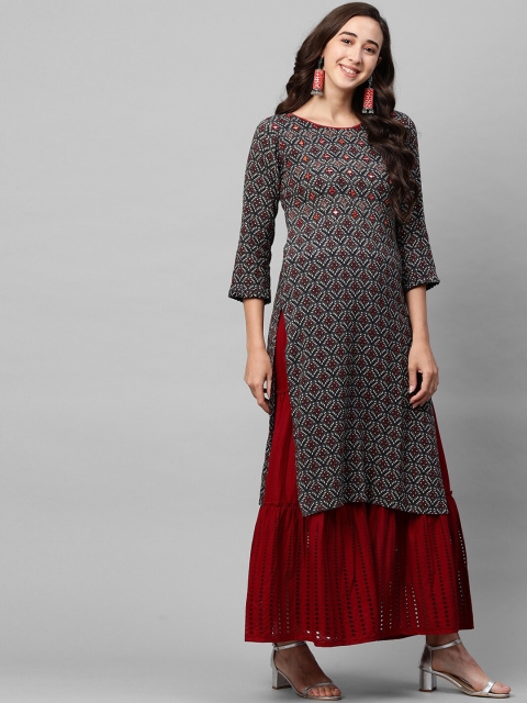 

FASHOR Women Grey & Red Ethnic Motifs Printed Thread Work Kurta