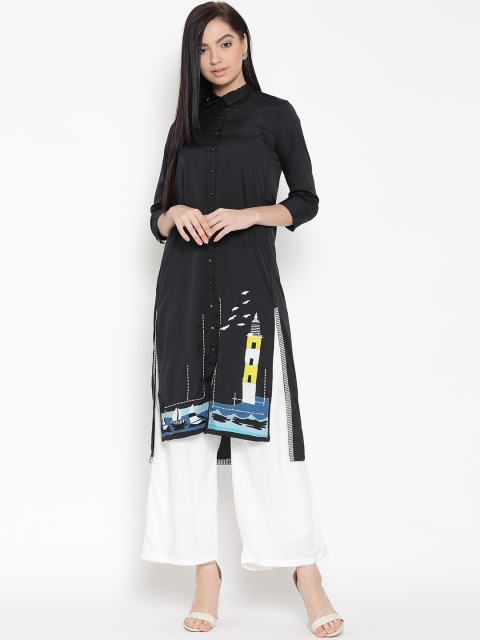 

W Women Navy Blue Solid Straight Kurta