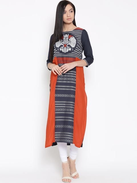 

W Women Navy Blue Woven Design Straight Kurta