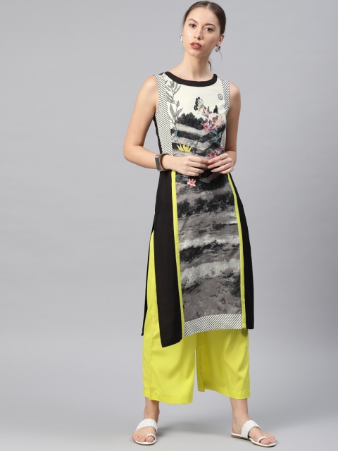 

W Women Black & Off-White Printed Straight Kurta