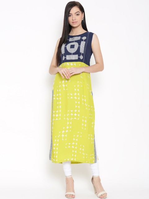 

W Women Lime Green Printed Straight Kurta