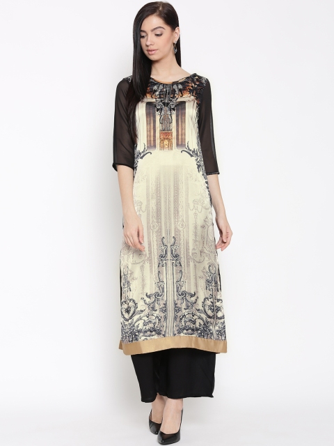 

Wishful by W Women Beige & Black Printed Straight Kurta