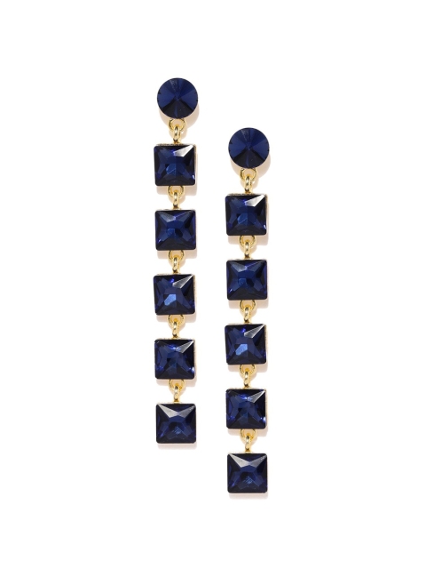 

Blisscovered Navy Blue & Gold-Toned Artificial Stone Studded Geometric Drop Earrings