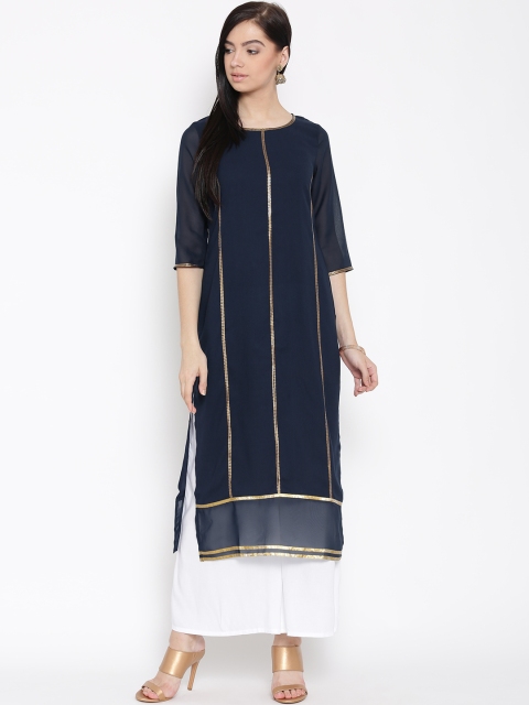 

WISHFUL by W Women Navy Sequinned Detail Straight Kurta, Navy blue
