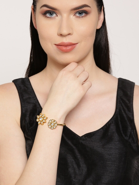 

Priyaasi Women Gold & White Floral Pattern Gold-Plated Handcrafted Kundan Cuff Bracelet