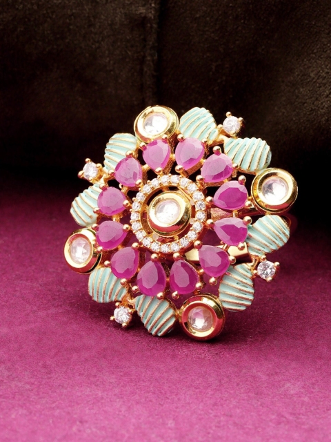 

Priyaasi Gold-Plated Pink & Green Kundan & Ruby-Studded Handcrafted Meenakari Adjustable Finger Ring